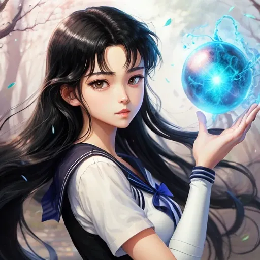 Anime style manga girl - long black hair -black eyes - Sailor Moon - magic Forrest