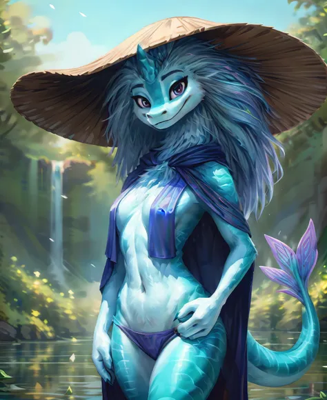 sisu, dragon girl, long light hair, light blue mane, female furry anthro, portrait, solo, (best quality), smile, looking at viewer, lake, standing, raya hat, raya cloak, tail, blue body, detailed body fur, detailed body, detailed face, detailed eyes, glist...