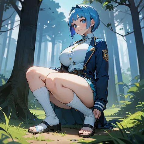 masterpiece, best quality, 1girl. Anime. blue hair, white bangs, blue eyes, big boobs, curvaceous, sweet expression, smiling, short hair, blue shirt and skirt, jacket with moon patterns, gold buttons running down the middle of her shirt, white sandals, blu...