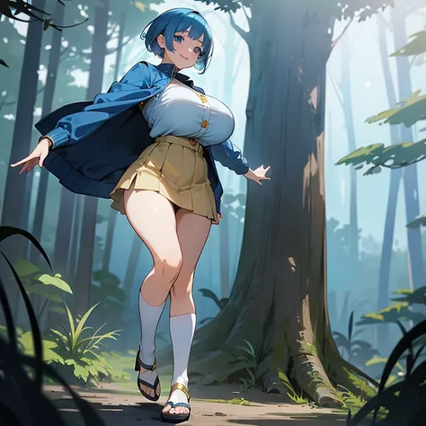 masterpiece, best quality, 1girl. Anime. blue hair, white bangs, blue eyes, big boobs, curvaceous, sweet expression, smiling, short hair, blue shirt and skirt, jacket with moon patterns, gold buttons running down the middle of her shirt, white sandals, blu...