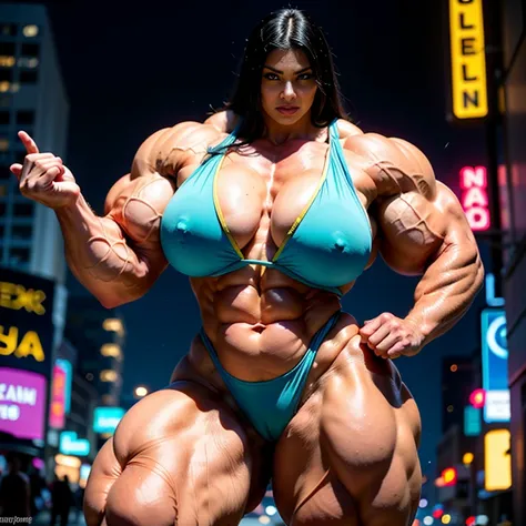 A HD 4K Photo of a beautiful, huge, enormous, buff, giant, Persian, Female bodybuilder, muscle goddess, huge arms and huge legs, giant boobs, enormous muscles, big beautiful eyes, long hair, stood barefoot in the street of a Cyberpunk city with distinctive...