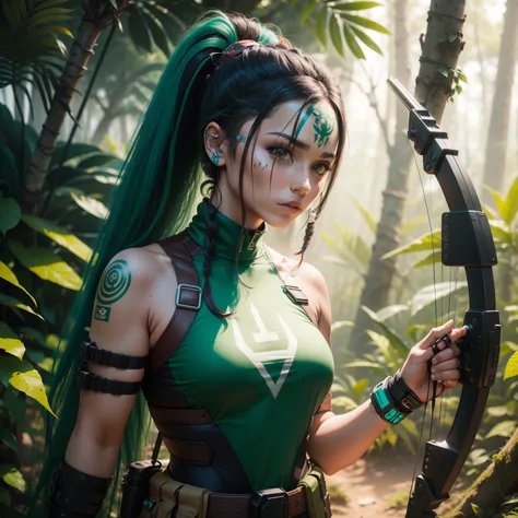 indigena, archery, cyberpunk, brinco   de pena, huntress ( technological), superhero costume, em uma floresta, arqueiro Verde