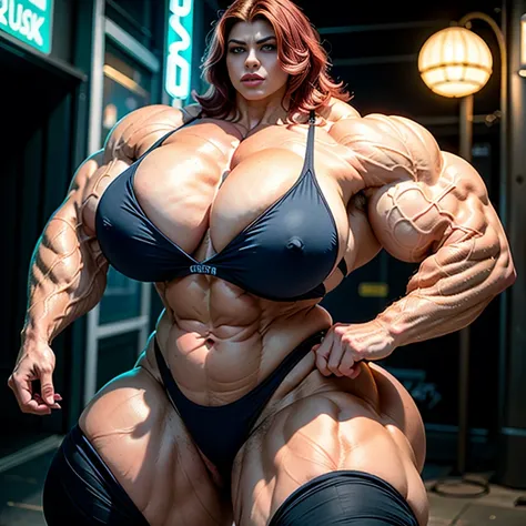 A HD 4K Photo of a beautiful, huge, enormous, buff, giant, Persian, Female bodybuilder, muscle goddess, huge arms and huge legs, giant boobs, enormous muscles, big beautiful eyes, long hair, stood barefoot in the street of a Cyberpunk city with distinctive...