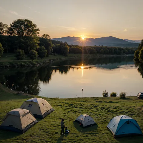 Create an image of teenagers setting up their tents at a campsite by a beautiful lake, As the sun sets on the horizon.