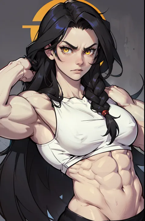 ((1 girl)) angry very long hair pale skin black hair yellow eyes ((((muscular))))