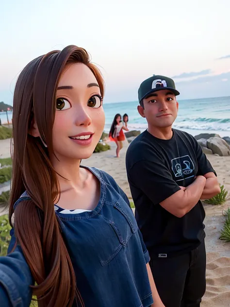 there are two people standing next to each other near the water, with sunset, during sunset, 8k selfie photograph, couple, taken with canon eos 5 d mark iv, taken on go pro hero8, standing near the beach, photo taken with canon 5d, lovely couple, at beach ...