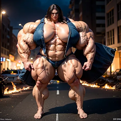 A HD 4K Photo of a beautiful, huge, enormous, buff, giant, Persian, Female bodybuilder, muscle goddess, huge arms and huge legs, giant boobs, enormous muscles, big beautiful eyes, long hair, stood barefoot in the street of a burning destroyed city at night...