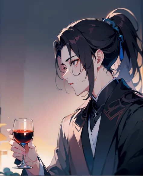 natta，starrysky，high ponytails，Close-up of a man wearing a black robe and tie, Blackn clothes，cai xukun, inspired by Zhang Han, xianxia hero, inspired by Wu Daozi, Inspired by Guan Daoxiang, Young angels, tian zi, drank, xianxia, heise jinyao, inspired by ...