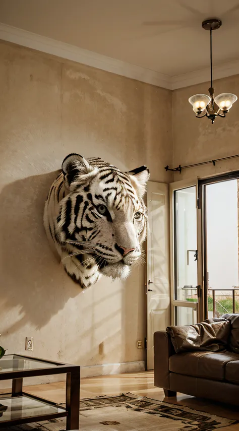 Dans le salon d&#39;une maison en Afrique: suite à une chasse (trophée de chasse): une tête de tigre blanc (3d) accroché au mur (meilleur qualité, résolution élevée, ultra-détaillée). Beauté sauvage.