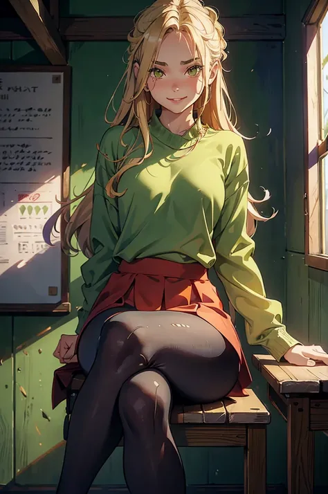 1girl, solo, 16 years old, loose blond hair, wearing red leggings and green sweather, sitting on a chair in classroom, crossing legs, smiling embarassed, side view, bare forehead, hooked nose, puffy cheeks, small breast, alluring, flirty, confident, scornf...