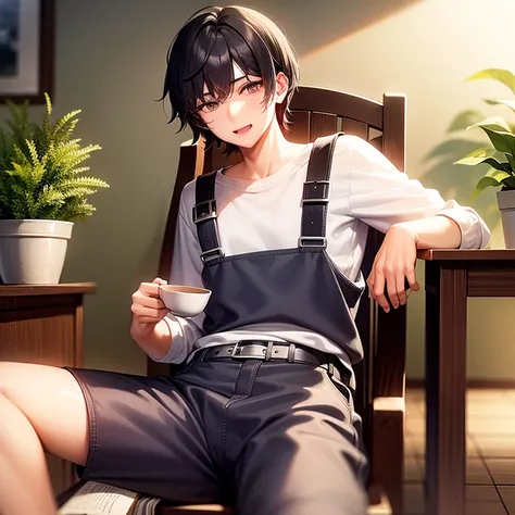 Masterpiece, Best Quality, random guy, 20yo, filling sick, sitting on chair, (holding in hand cup of tea:1.1), table, table in front of him, jam on table