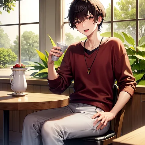 Masterpiece, Best Quality, random guy, 20yo, filling sick, sitting on chair, (holding in hand cup of tea:1.1), table, table in front of him, jam on table