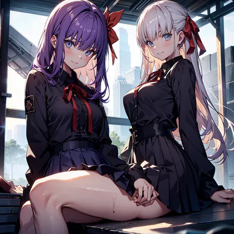 Hugob, nsfw, Purple hair, Long hair, Bangs, (Purple eyes:1.1), (medium breasts⁩:1.2),Blake Black Jacket, Black skirt, Collared shirt, Hair Ribbon, high waist skirt, Jacket, Long sleeves, Neck ribbon, Open your clothes, Open jacket, Pleated skirt, Red Ribbo...