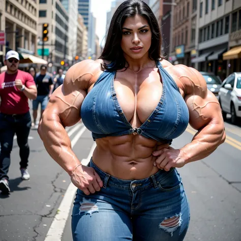 A HD 4K Photo of a beautiful, huge, enormous, buff, giant, Persian, Female bodybuilder, muscle goddess, huge arms and huge legs, giant boobs, enormous muscles, big beautiful eyes, long hair, stood barefoot in the street at a veterans parade, wearing a ripp...