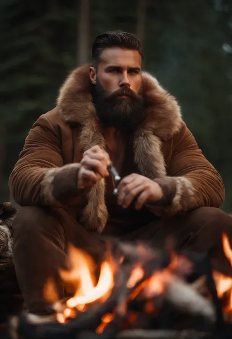 A photo of Willy smoking some game meat over a fire.,original,Tall, muscular and bearded. Clad in animal furs and pelts. Severe expression. , male