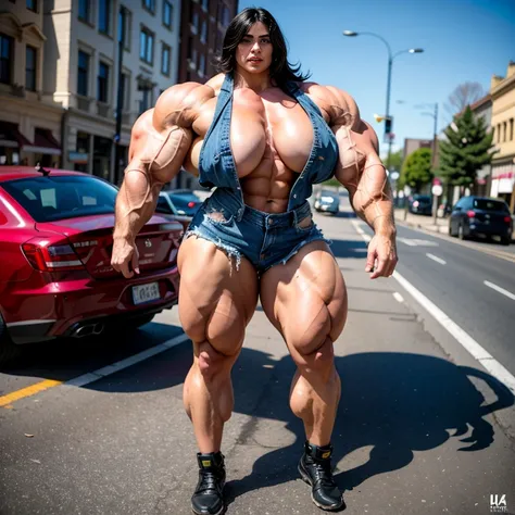 A HD 4K Photo of a beautiful, huge, enormous, buff, giant, Persian, Female bodybuilder, muscle goddess, huge arms and huge legs, giant boobs, enormous muscles, big beautiful eyes, long hair, stood barefoot in the street at a veterans parade, wearing a ripp...