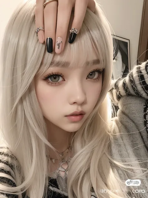 un primer plano de una persona con cabello largo y manicura, Lalisa Manobal, Cabello largo y blanco y flequillo, Chica Cabello Plateado, ulzzang, Lalisa Manoban de Blackpink, Peinado blanco de corte hime, Chica perfecta de pelo blanco, con pelo largo blanc...