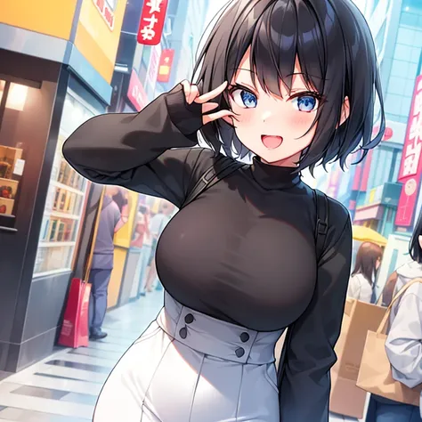 a slender black-haired short-haired girl in a shopping district, giving a thumbs up and winking, showing her teeth.、japan anime ...