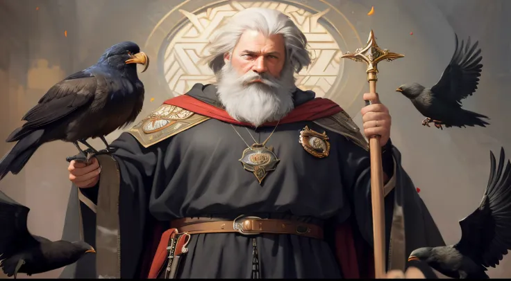 there is a man with a beard and a long beard holding a staff and two birds, Wojtek FUS, Tuomas Korpi e Wlop, picture of a male cleric, inspirado em Johannes Helgeson, Velho Archmage masculino, Retrato pintado de Odin acidentado, Directed by: Tadeusz Pruszk...