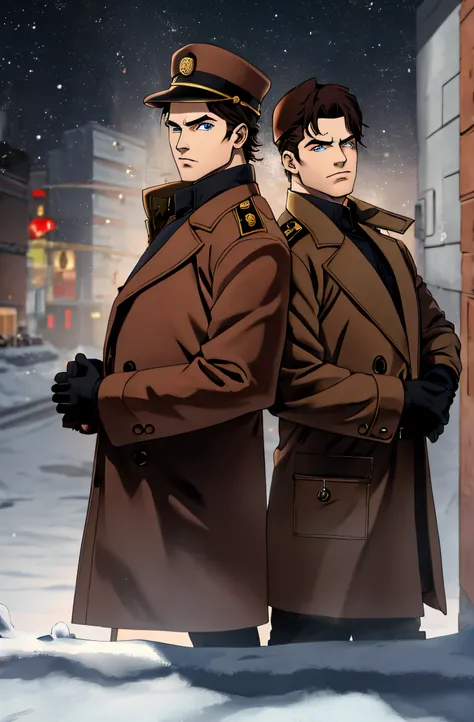 JOJO BIZZARE PERSONS, Russian winter city, one in a brown coat and detective hat, Detailed eyes and face, Serious