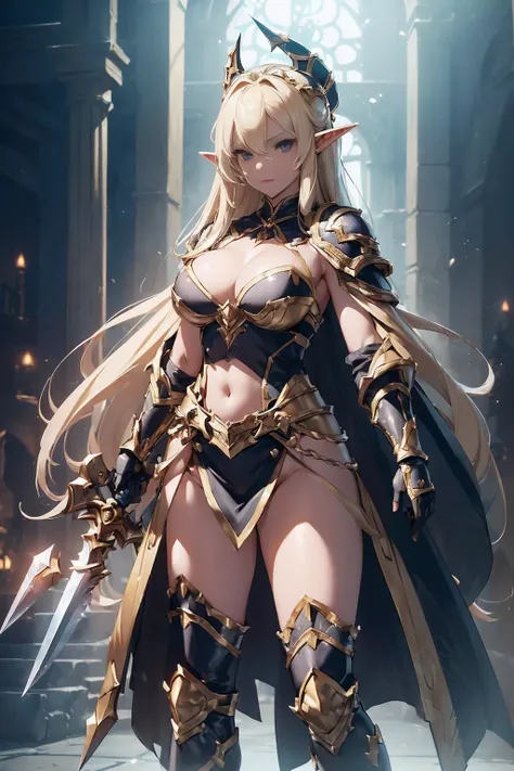 Design a layout showcase Gaming character, ((1elf 10yo)), big_boobs. Golden+Purle clothes, stylish and unique, ((showcase weapon:1.4)), magic staff, (masterpiece:1.2), (best quality), 4k, ultra-detailed, (Step by step design, layout art:1.5), (luminous lig...