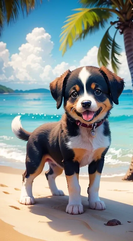 1cm perfect happy cute puppy with beach background and coconut tree