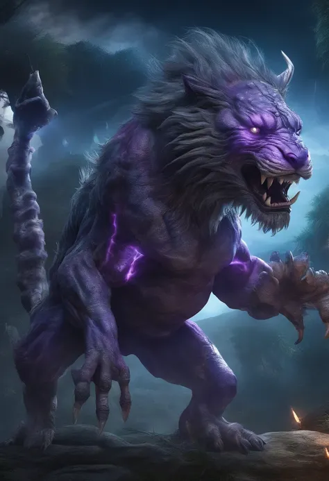 Strange monsters in a fantasy world，A group of saber-toothed tigers，long canine teeth，Strong limbs，Covered in blue flames，Covered with thick spikes，Moon Night，Purple lightning，The middle view is，wastelands，Full body like， Highly detailed and ultra-realisti...