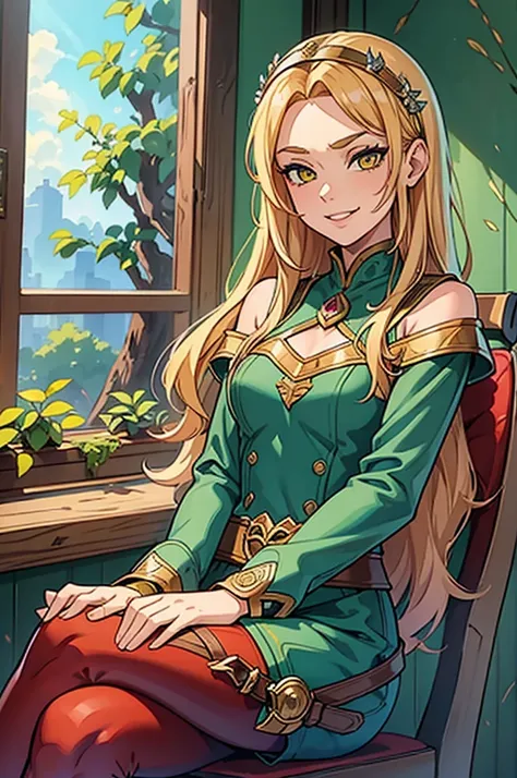 1girl, solo, 16 years old, loose blond hair, wearing red leggings and green sweather, sitting on a chair in classroom, crossing legs, smiling embarassed, side view, bare forehead, hooked nose, puffy cheeks, small breast, alluring, flirty, confident, scornf...