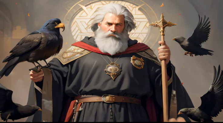 there is a man with a beard and a long beard holding a staff and two birds, Wojtek FUS, Tuomas Korpi e Wlop, picture of a male cleric, inspirado em Johannes Helgeson, Velho Archmage masculino, Retrato pintado de Odin acidentado, Directed by: Tadeusz Pruszk...