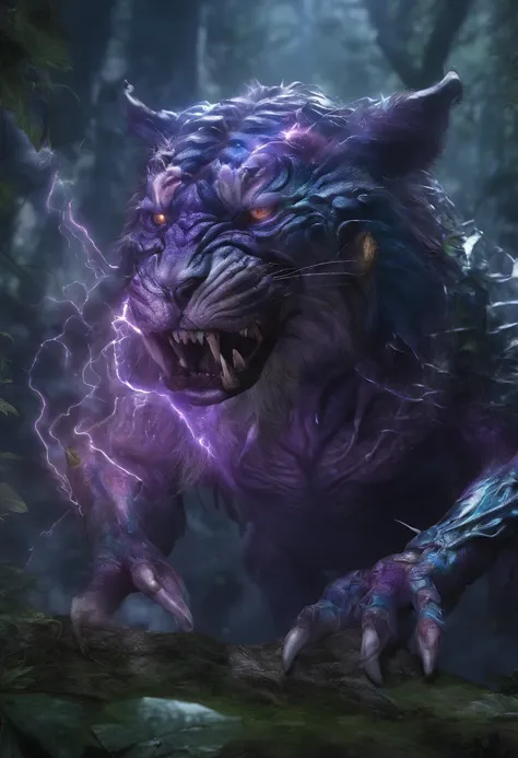 Strange monsters in a fantasy world，A group of saber-toothed tigers，long canine teeth，Strong limbs，Covered in blue flames，Covered with thick spikes，Moon Night，Purple lightning，The middle view is，wastelands，Full body like， Highly detailed and ultra-realisti...