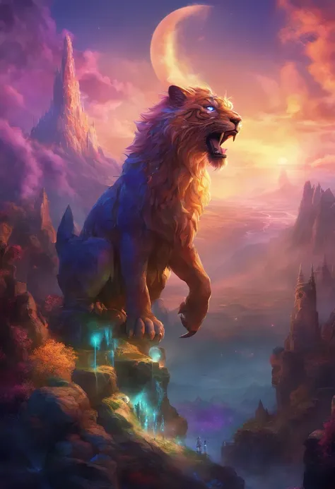 Strange monsters in a fantasy world，A group of saber-toothed tigers，long canine teeth，Strong limbs，Covered in blue flames，Covered with thick spikes，Moon Night，Purple lightning，The middle view is，wastelands，Full body like， Highly detailed and ultra-realisti...