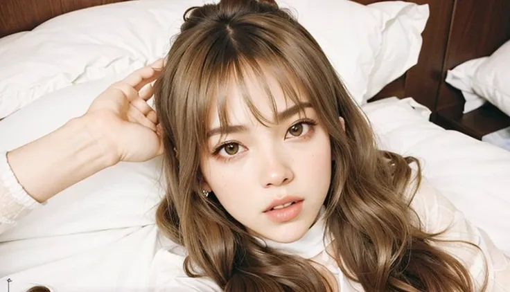 Arafed woman lying in bed with white sheets and white sheets., Lalisa Manobal, Lalisa Manoban de Blackpink, Sun Yunjoo, con flequillo, Flequillo partido en el centro, Jossi de Blackpink, Song Hye - Kyo, Retrato de Jossi de Blackpink, con flequillo completo...