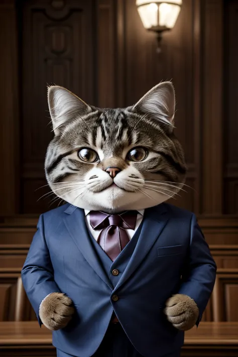 A chubby Anthropomorphic cat dressed in a suit, giving a speech in the town hall, (furry paws), (big head:1.2)