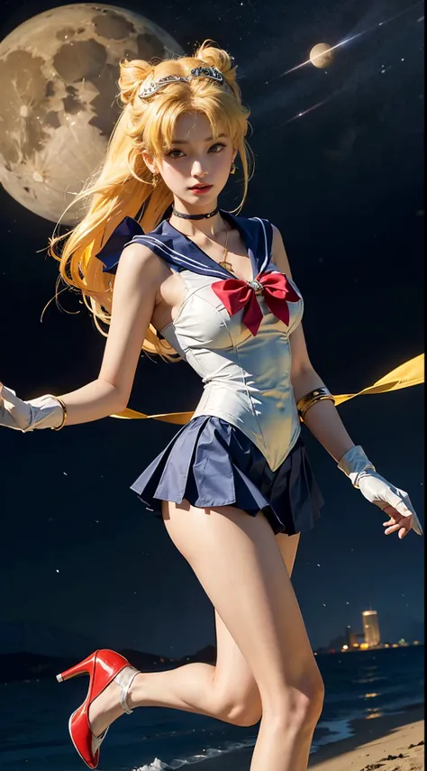 ((​masterpiece:1.4)、(top-quality:1.4)、(reallistic:1.7))、masuter piece:1.4、a beauty girl、(Sailor Moon:1.4)、Tsukino Usagi、Body Fit Sexy Sailor Senshi Uniform、(latex shiny)、(The jacket is a white sleeveless sailor suit)、(Skirt Blue Sexy Ultra Ultra Pleated Mi...