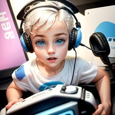 Create art in the style of Disney Pixar covers where your child ,is playing using a white headset in a gamer setup The child&#39;The characteristics are that he looks like he is 7 years old, is white, tem olhos castanhos, tem cabelo castanho mas loiro nas ...