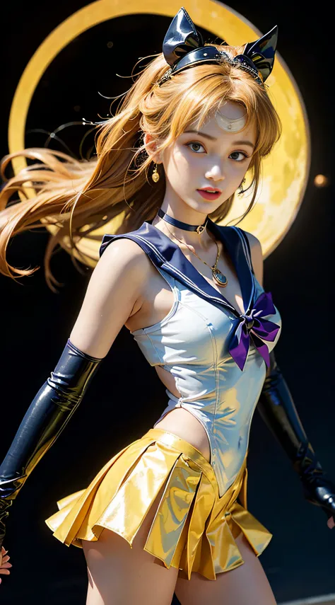 ((​masterpiece:1.4)、(top-quality:1.4)、(reallistic:1.7))、masuter piece:1.4、a beauty girl、(Sailor Moon:1.4)、Tsukino Usagi、Body Fit Sexy Sailor Senshi Uniform、(latex shiny)、(The jacket is a white sleeveless sailor suit)、(Skirt Blue Sexy Ultra Ultra Pleated Mi...