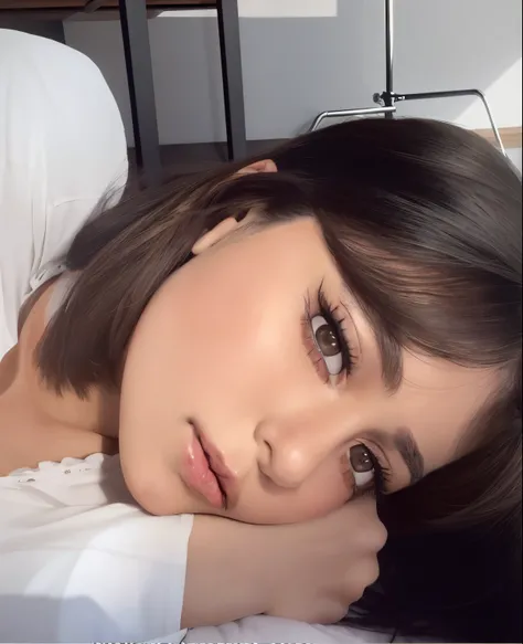 Hay una mujer acostada en una cama con una camisa blanca, maquillaje suave, Retrato suave disparado 8K, Sakimichan, 🤤 girl portrait, ulzzang, maquillaje ligero, short brown hair and large eyes, maquillaje sutil, brown hair and large eyes, con maquillaje pr...