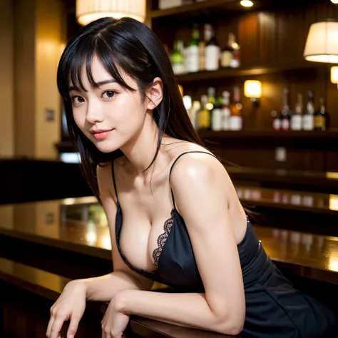 BEST-QUALITY, MASTERPIECE, ULTRA-HIGH-RESOLUTION, (PHOTOREALISTIC:1.4), RAW-PHOTO, ULTRA DETAILES, PERFECT-ANATOMY, 
1girl, 15-years-old, the most popular Japanese idol, drinking a glass of whisky at hotel bar, sitting on luxury chair, put elbows on bar co...