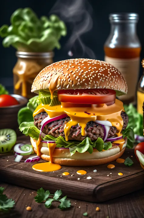 masterpiece, best quality,burger photo, food, food focus, no humans, tomato, blurry, still life, realistic, burger, cup, lettuce, fruit, onion, bowl, depth of field, vegetable, blurry background, cheese, bottle