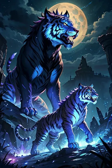 strange monsters in a fantasy world，a group of saber-toothed tigers，long canine teeth，strong limbs，covered in blue flames，covere...