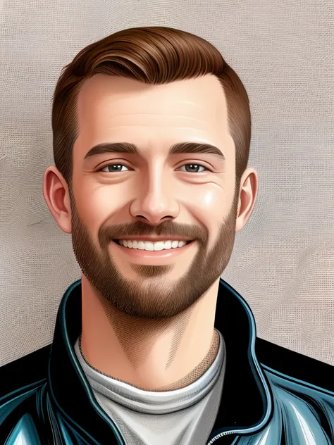 Close-up of a smiling man in a leather jacket, NFT Portrait, cartoon digital painting, digital cartoon painting art, High Quality Portrait, background illustration, glossy digital painting, digital illustration portrait, realistic digital illustration, ava...