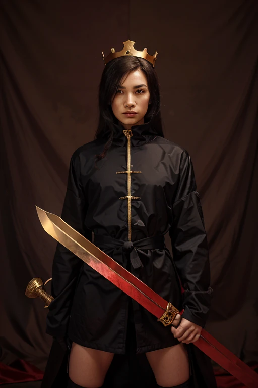 Grim reaper, golden crown, large golden sword, ninja outfit, red satin