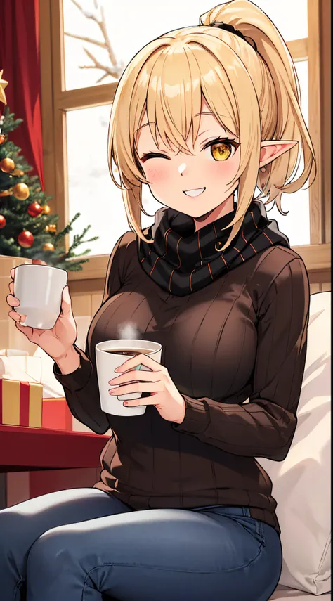 masterpiece, best quality, highres, ((Slim thicc waifu:1.3)), large breasts, elf, yellow eyes, short blonde hair in a high ponytail, adorable, (black choker), (red holiday sweater), (black mom jeans), jewelry, cowboy shot, playing in the snow, winter, happ...