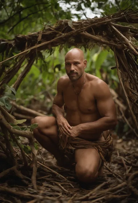 A photo of Survivor Man constructing a makeshift shelter out of branches and leaves.,original,Wears a Loin cloth, bald, white , messy appearance, male