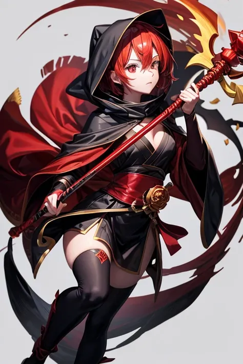 Grim reaper, male, golden crown, face covered, large red staff, red satin wrapped around hilt, ninja outfit