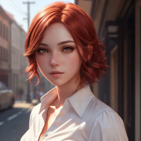 woman with red hair and white shirt posing for a photograph, photorealistic anime girl render, 8k portrait rendering, cinematic realistic portrait, 3d rendered character art 8 K, Character portrait, red realistic 3 d render, cgsociety portrait, realistic a...