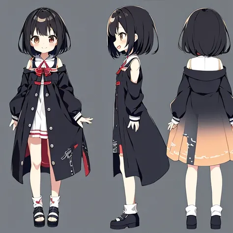 (masutepiece, Best Quality),One Girl,Chara Sheet,Design drawings,three sided view, Small curved loli,Art Book,Cute!! Chibi!!!,closes mouth,Smile,casual goth loli,A dark-haired