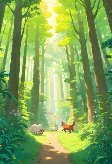 Illustrate a peaceful forest scene with various animals going about their daily activities. The sun is shining, and the trees are lush and green.