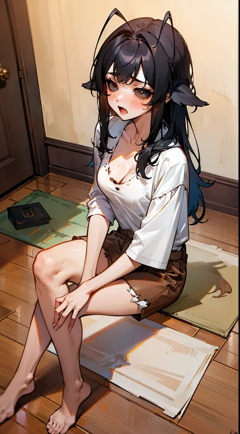 Original Character,8k, Masterpiece, Best Quality,Detailed, solo),mature female, fine skin,cleavage,blush,black eyes,black sclera,black hair,long hair,(hair 2antennas),white shirt,brown shorts,(((sitting in floor inside of a house))),cowboy shot,shy, open m...