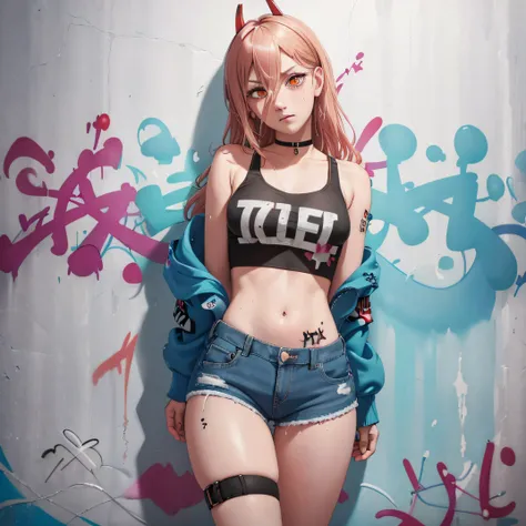 masterpiece, best quality, 1girl, solo, crop top, denim shorts, choker, (graffiti:1.5), paint splatter, arms behind back, against wall, looking at viewer, armband, thigh strap, paint on body, head tilt, bored, multicolored hair, aqua eyes, headset,  Power